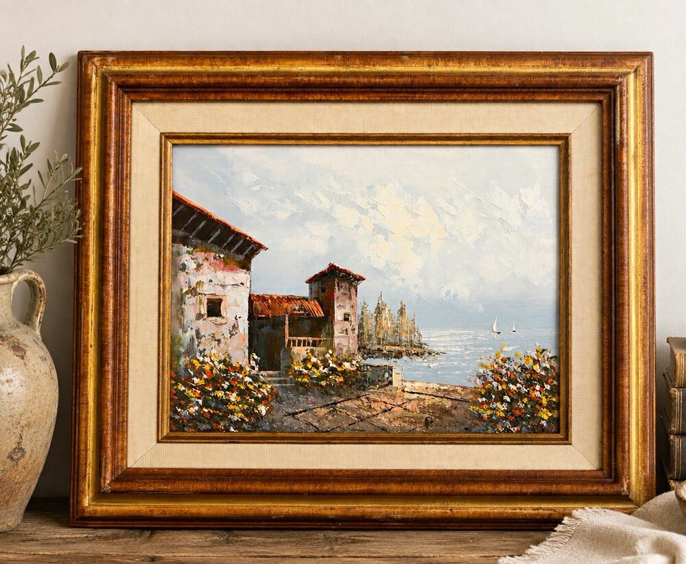 Vintage Coastal Mediterranean Oil Painting Signed R. Ramirez Ornate Wood Frame